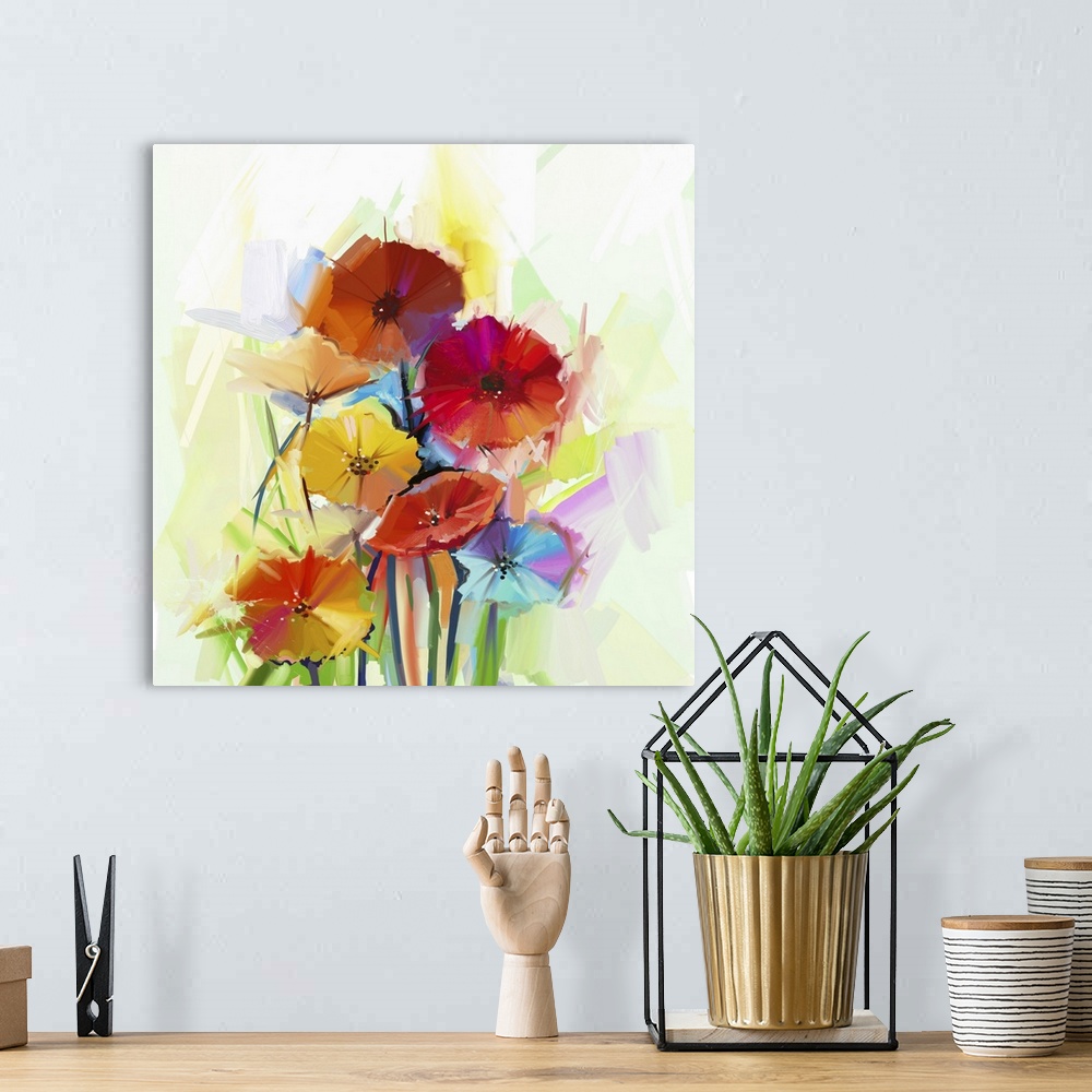 A bohemian room featuring Originally an abstract oil painting of spring flowers. Still life of yellow and red gerbera flowe...