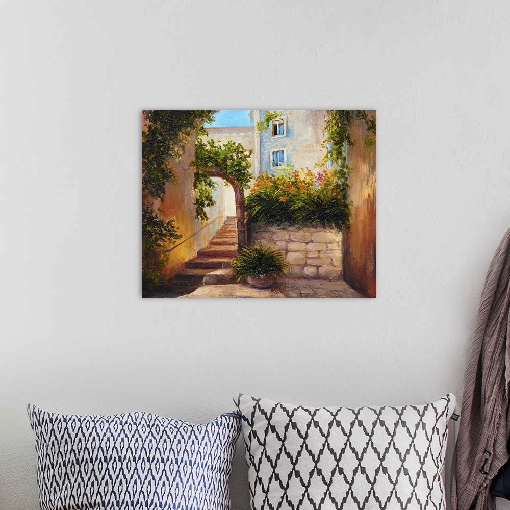 A bohemian room featuring Originally an oil painting of summer street with blooming flowers. Colorful abstract art.