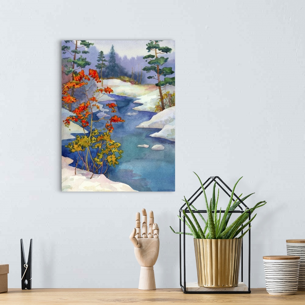 A bohemian room featuring Watercolor landscape of a winter forest on the banks of the creek and trees with fallen leaves.
