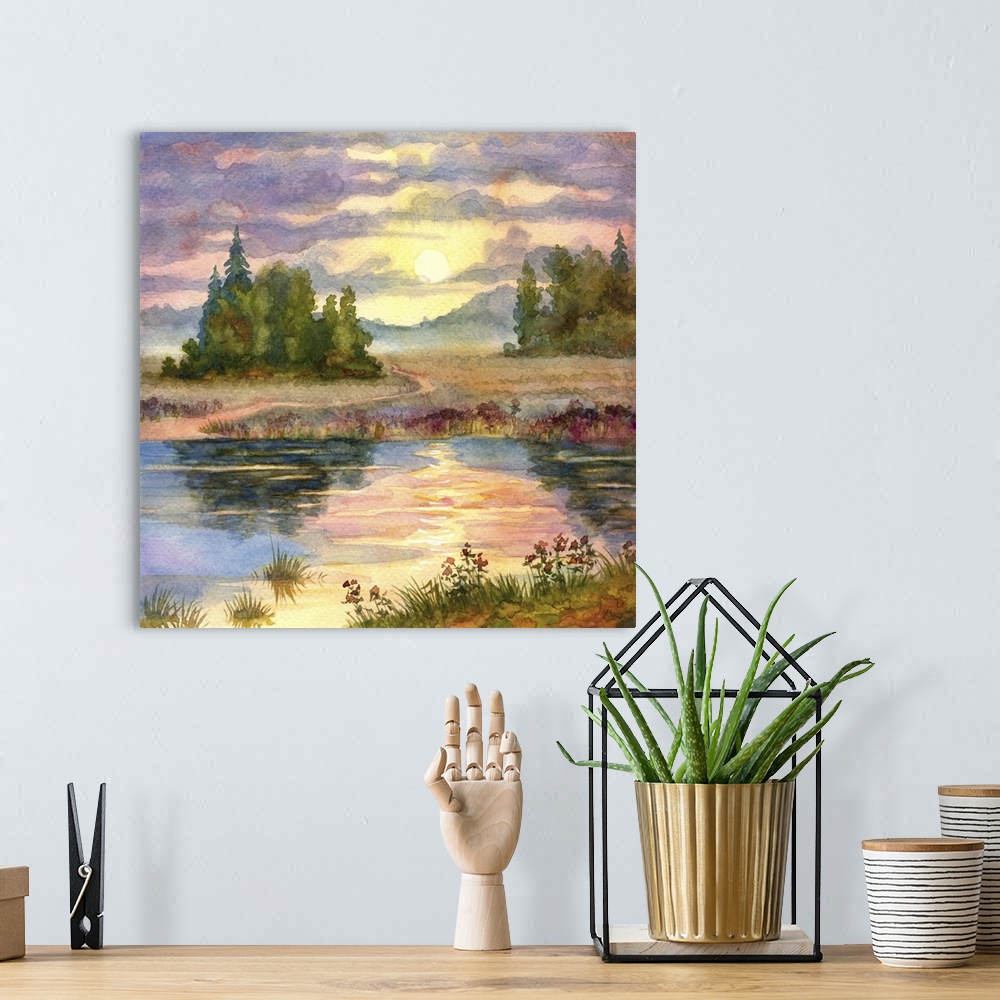 A bohemian room featuring Originally a watercolor landscape of the glow of sunset over a calm lake.