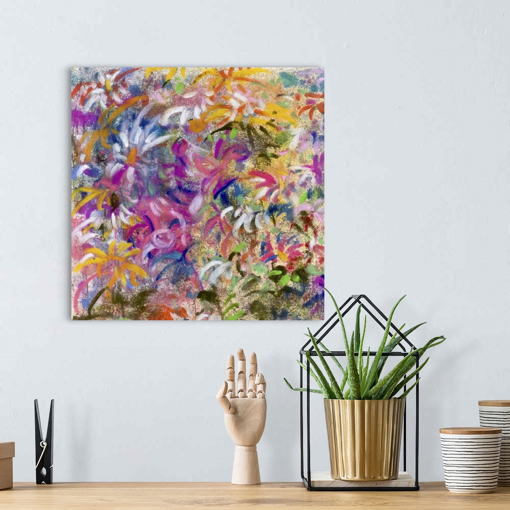 A bohemian room featuring Theme with flowers, artistic background, originally soft pastels artwork.