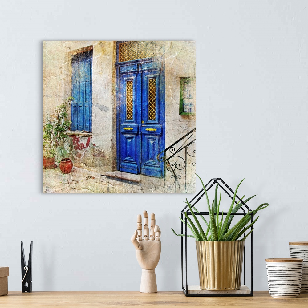A bohemian room featuring Traditional Greek streets -artwork in painting style.