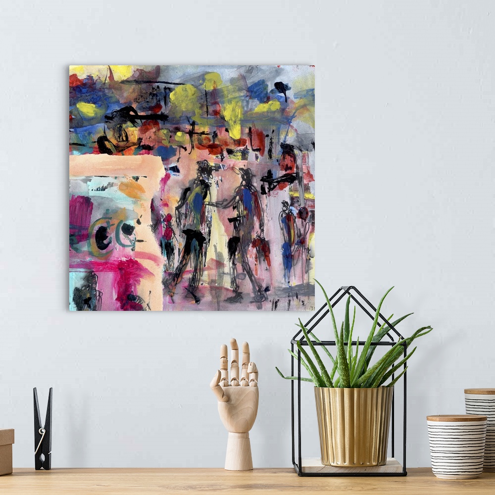A bohemian room featuring Abstract painting with figures, artistic background.