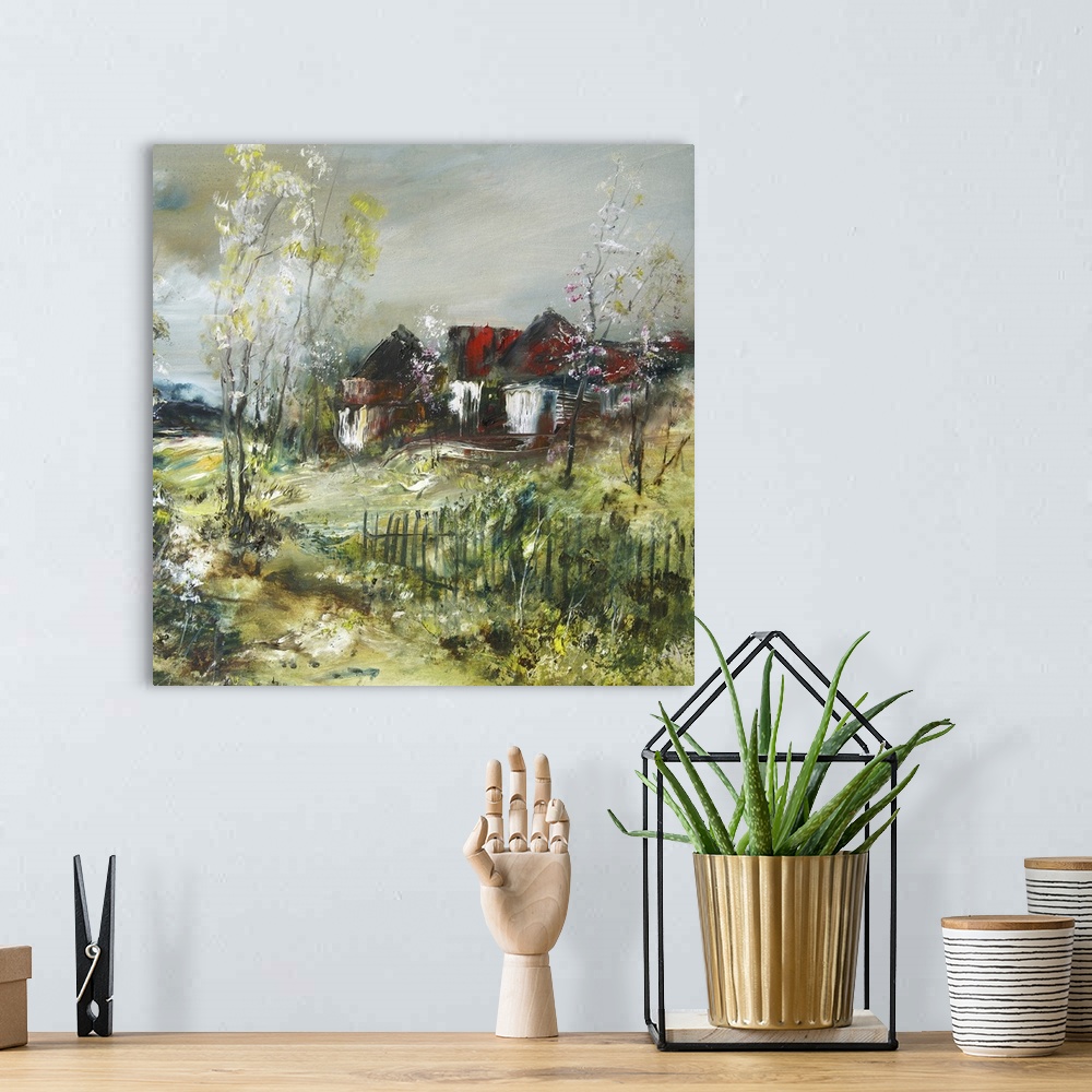A bohemian room featuring Village in the spring, originally an oil painting/illustration.