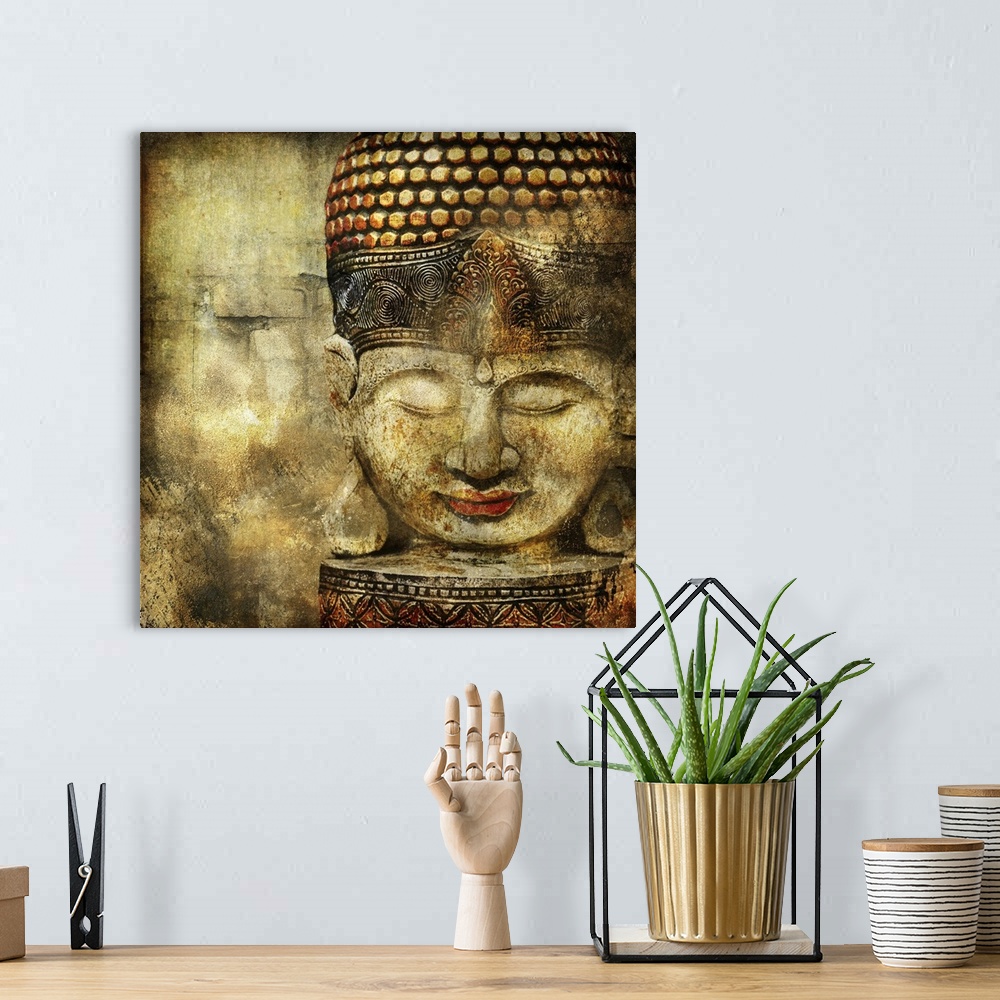 A bohemian room featuring Vintage image with Buddha head.