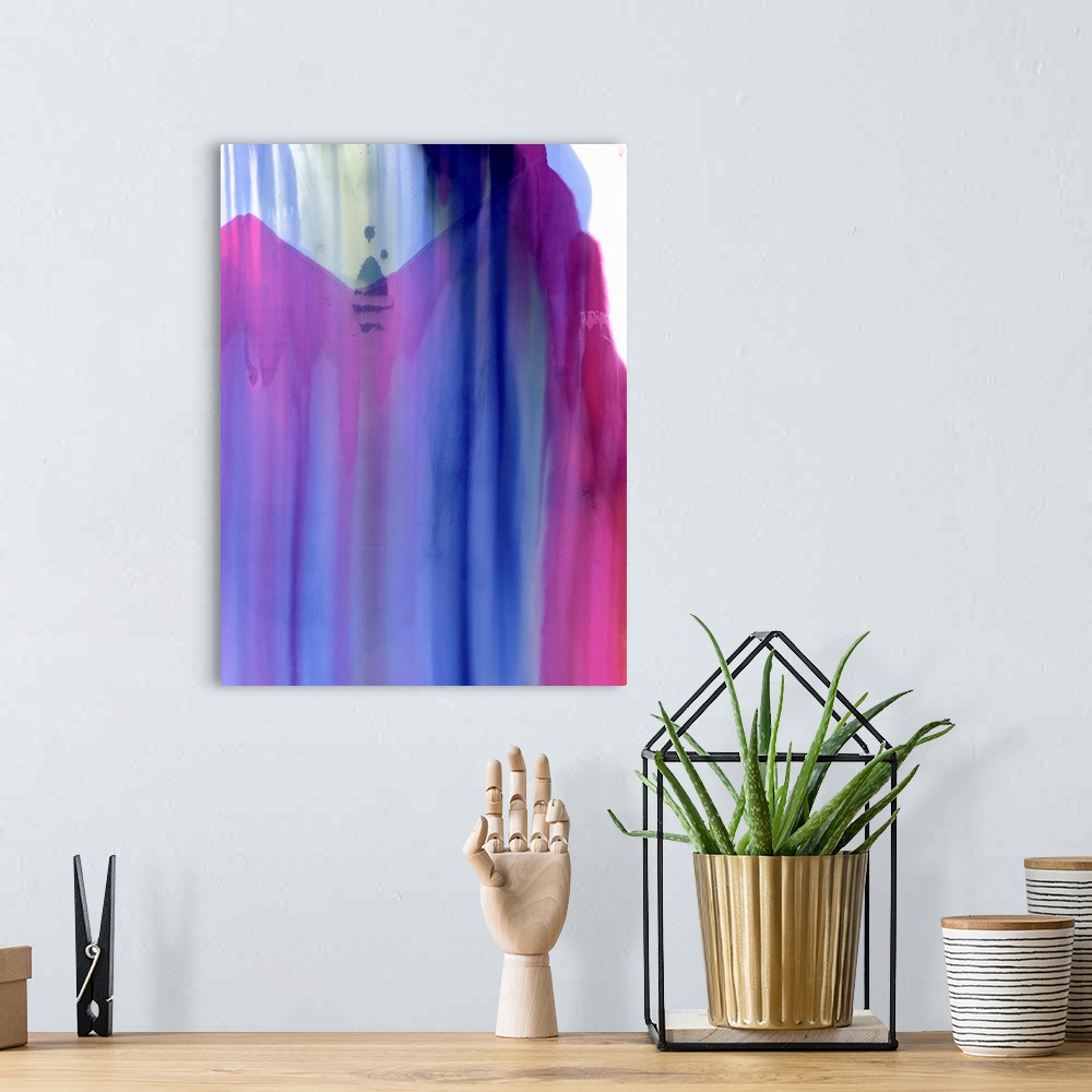 A bohemian room featuring A contemporary abstract painting of almost transparent purple and pink fluid cascading down over ...