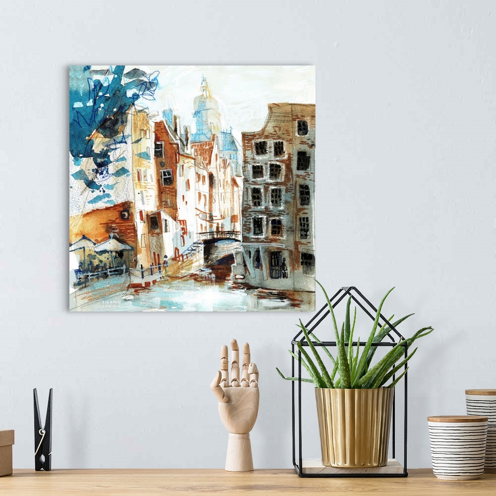 A bohemian room featuring Mixed media and watercolor sketch of a popular viewpoint in Amsterdam, the Netherlands, between t...