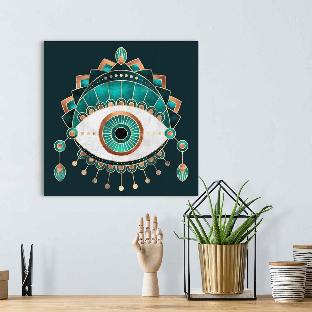 A bohemian room featuring Hindu-style design of an elaborately decorated eye in shades of teal and copper.