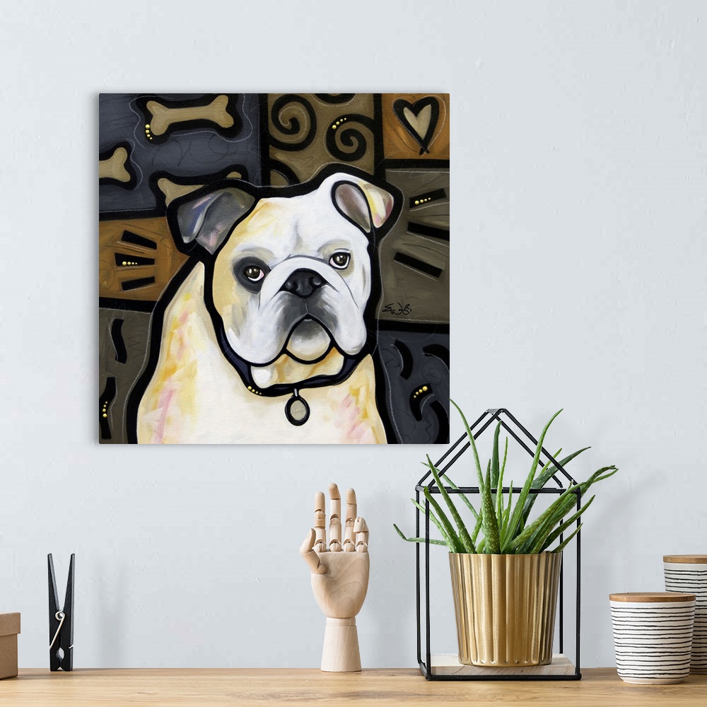 A bohemian room featuring Bulldog Pop Art