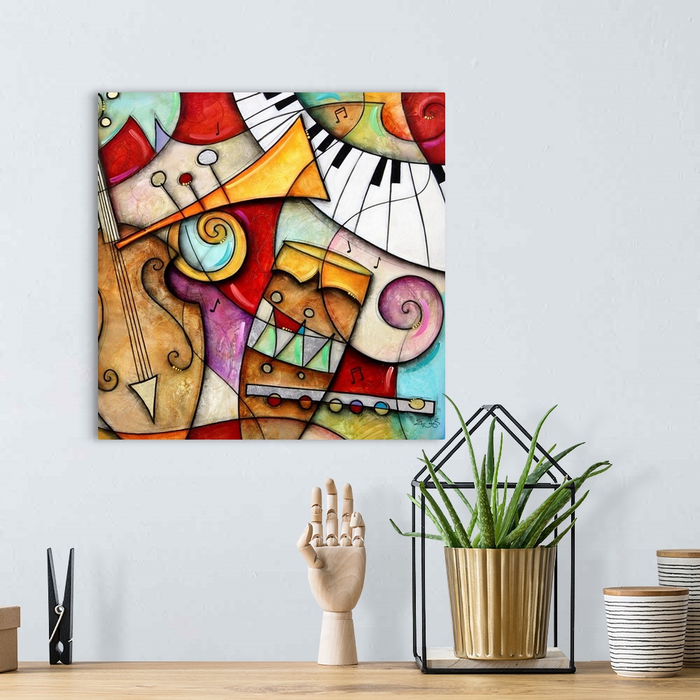 A bohemian room featuring Musical instruments that have been elongated and abstracted into a contemporary painting on a squ...