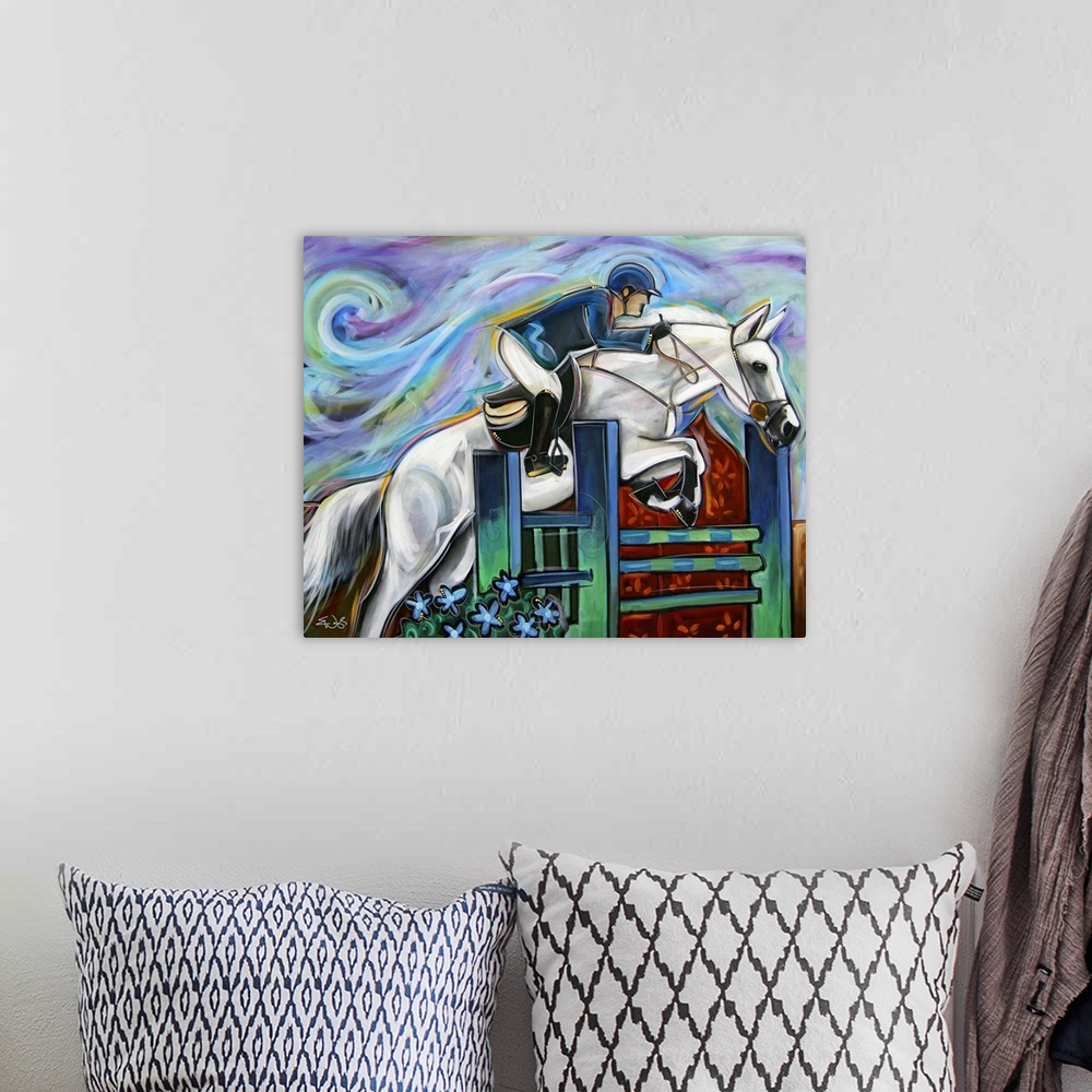 A bohemian room featuring Contemporary painting of a rider jumping a white horse over a green fence.