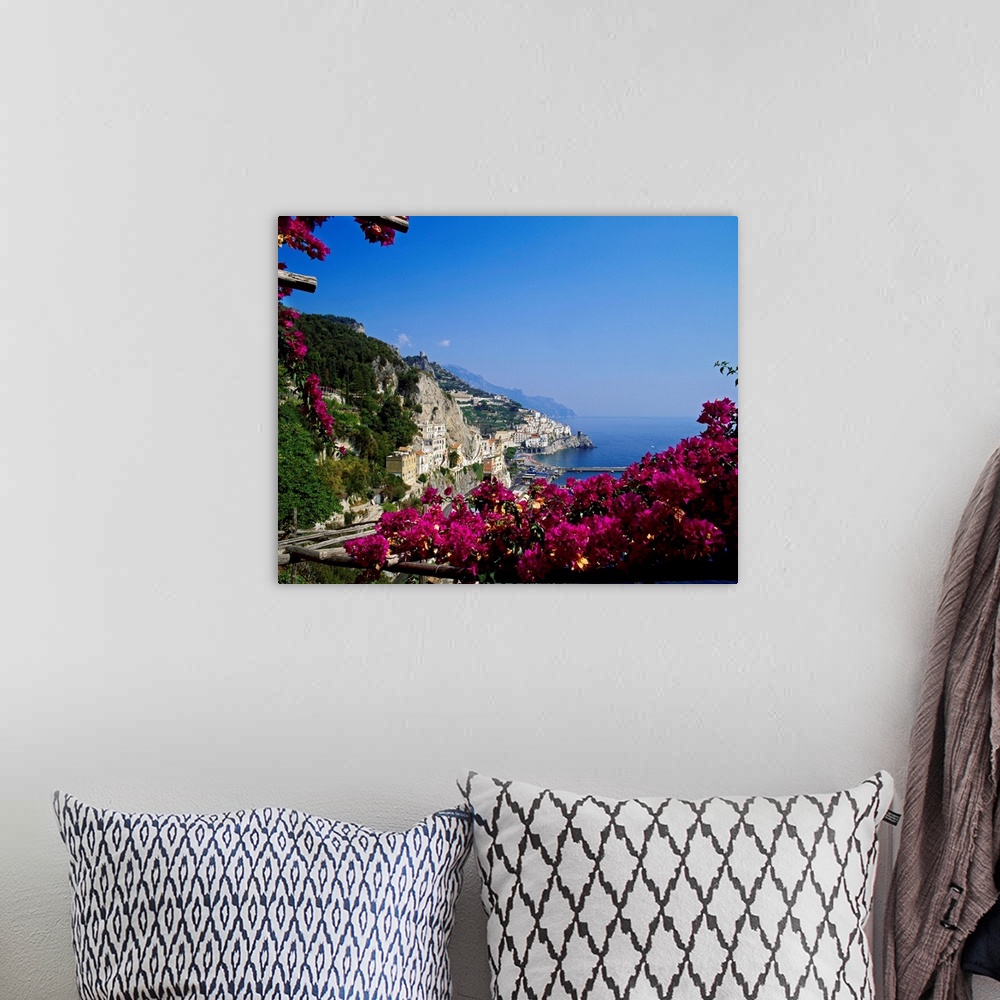 A bohemian room featuring Italy, Campania, Tyrrhenian coast, Peninsula of Sorrento, Amalfi, View of the village
