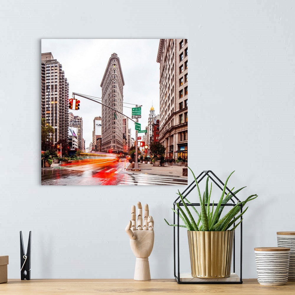 A bohemian room featuring USA, New York City, Flatiron Building with the rain.