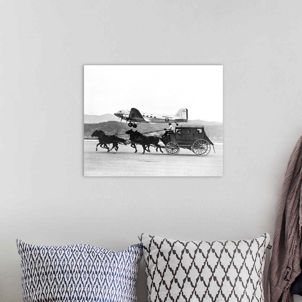 A bohemian room featuring American Airlines DC-3 flying past horse drawn stagecoach. The photo was featured in an American ...
