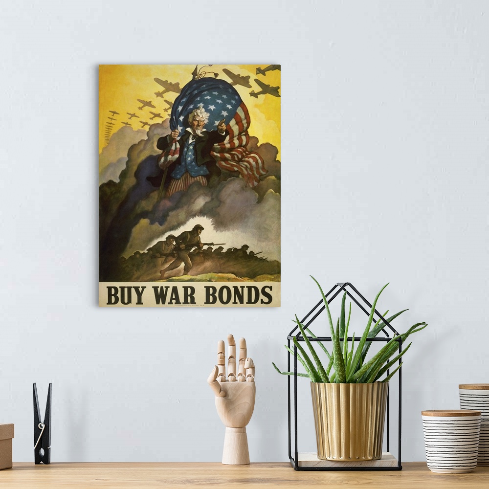 A bohemian room featuring Buy War Bonds. WWII Poster Of Uncle Sam