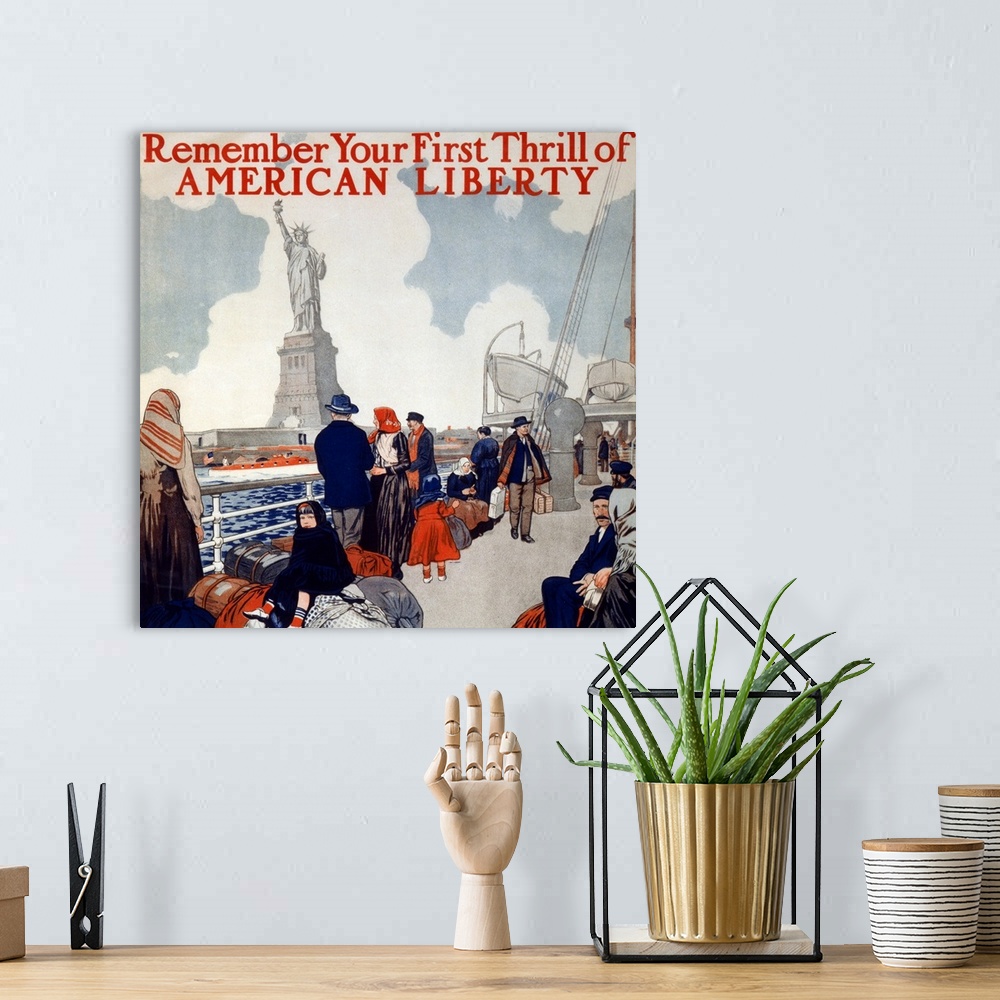 A bohemian room featuring Poster showing immigrants on a ship's deck, sailing past the Statue of Liberty