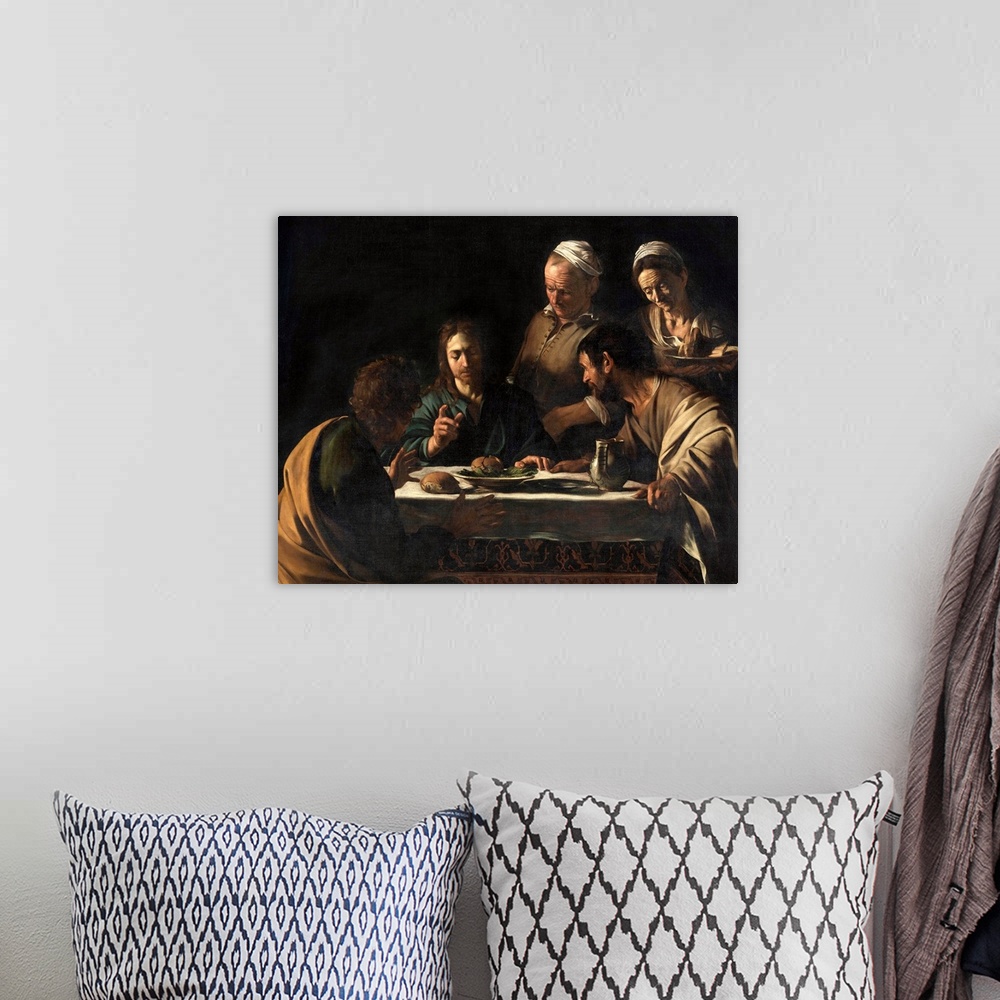 A bohemian room featuring The Supper at Emmaus, by Michelangelo Merisi known as Caravaggio, 1606 about, 17th Century, oil o...
