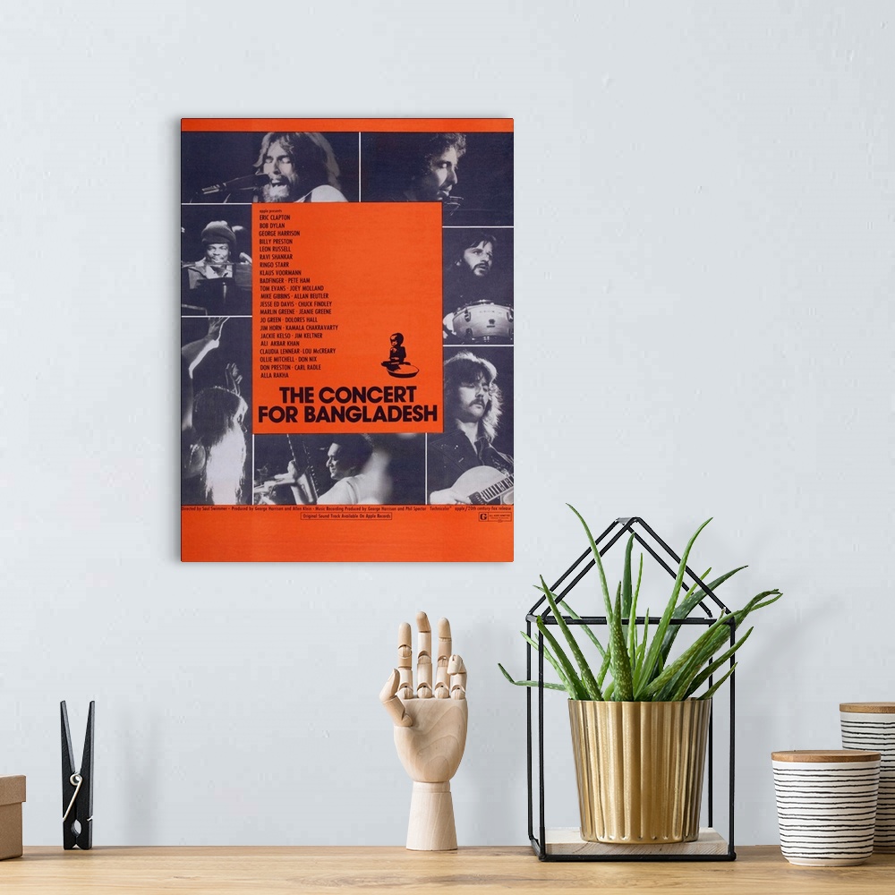 A bohemian room featuring THE CONCERT FOR BANGLADESH, US poster art, clockwise from top left: George Harrison, Bob Dylan, R...