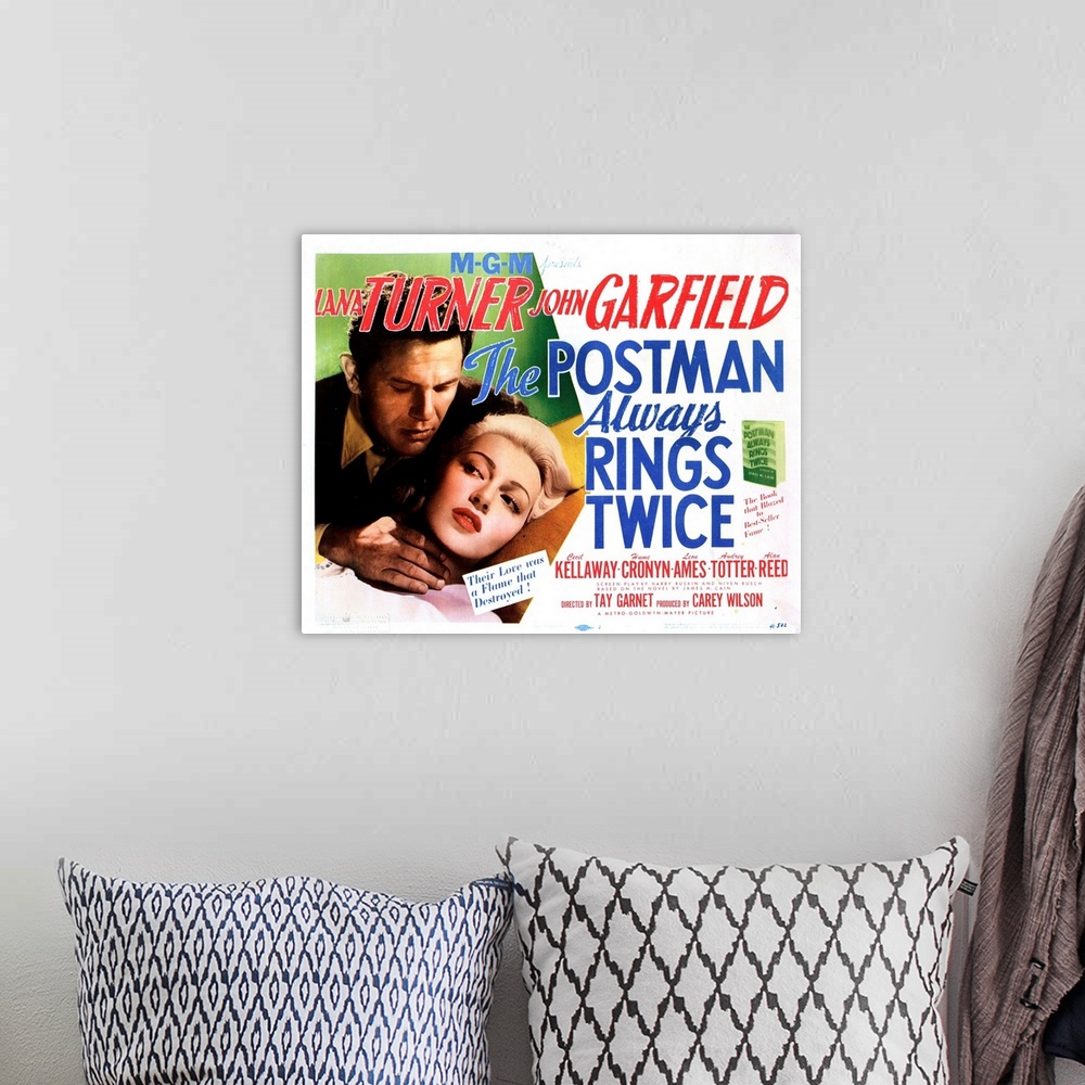 A bohemian room featuring The Postman Always Rings Twice, Lana Turner, John Garfield, 1946, Poster Art.