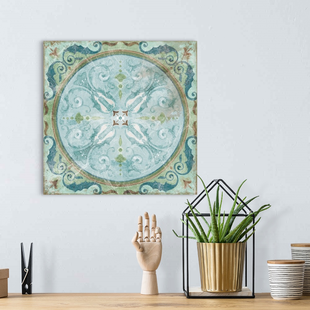 A bohemian room featuring An antique tile design with floral patterns in blue and green shades.