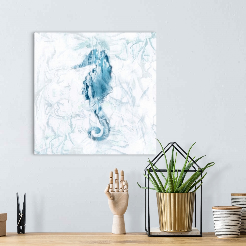 A bohemian room featuring Square beach themed painting of a blue seahorse with a marbled finish and background.