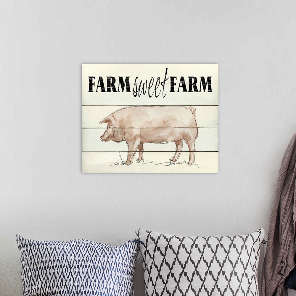 A bohemian room featuring "Farm Sweet Farm" written on the top of a faux wood background with a painting of a pig at the bo...