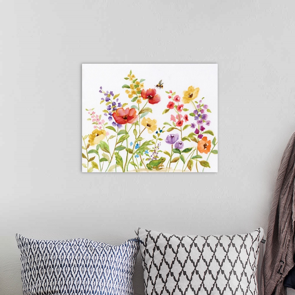 A bohemian room featuring A bed of watercolor flowers are accompanied by a frog and bumble bee.