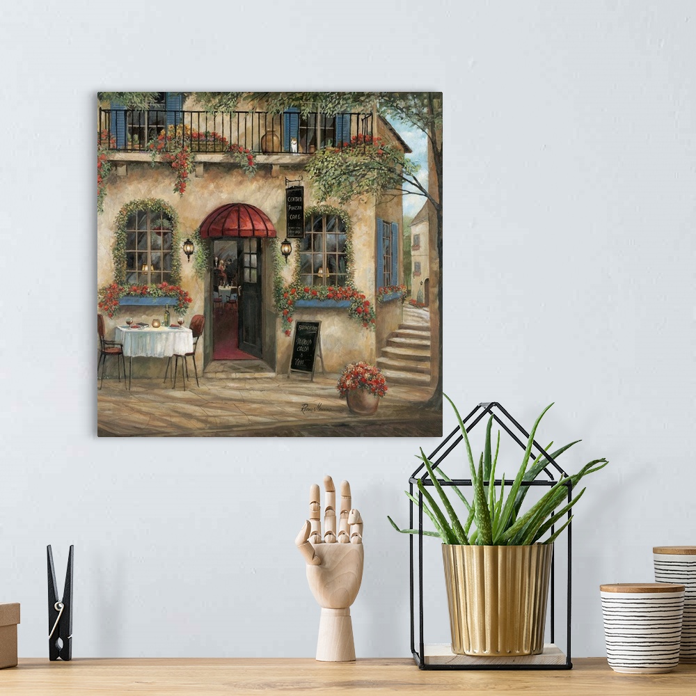 A bohemian room featuring A contemporary artwork of an European street scene decorated in flowers with a pizzeria.