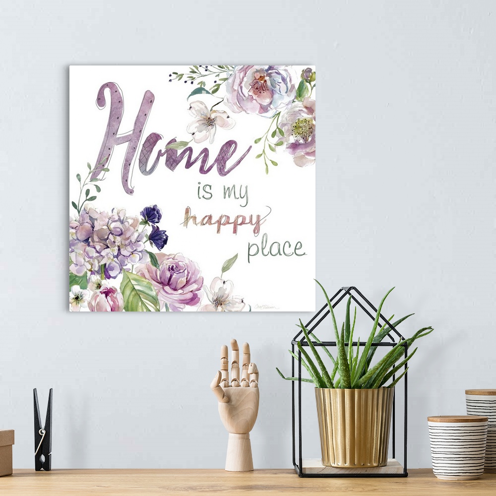 A bohemian room featuring "Home is My Happy Place" with watercolor flowers.