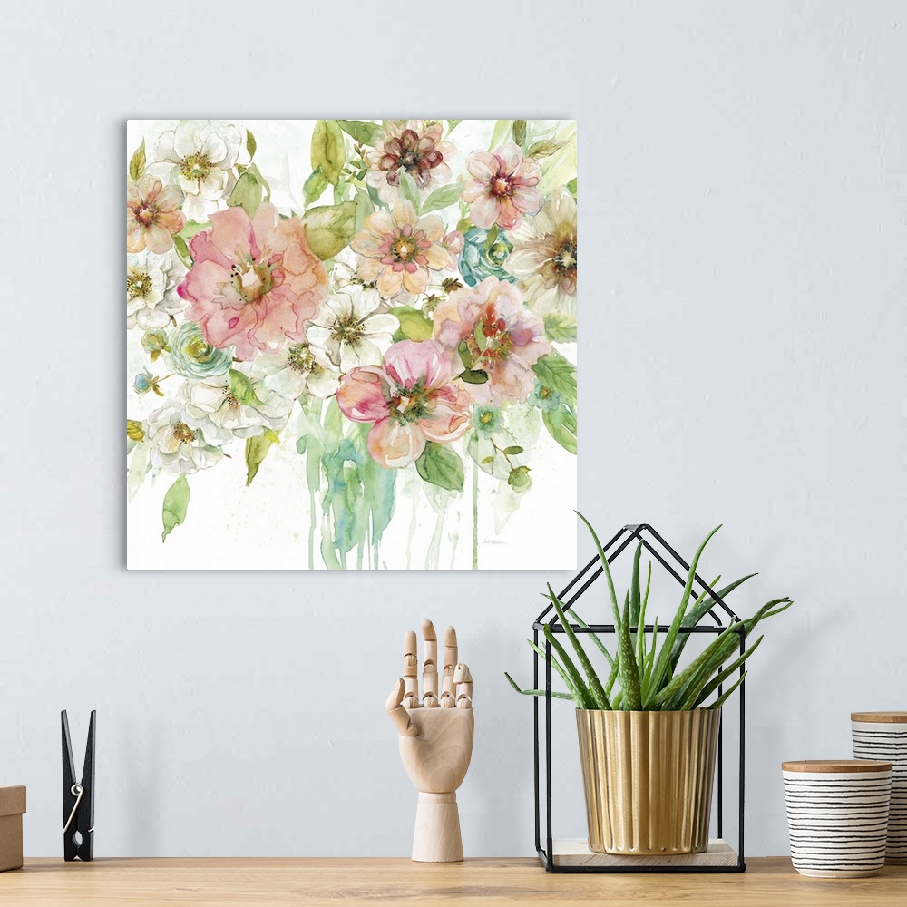 A bohemian room featuring Contemporary painting of white and pink flowers in a vase with green leaves.