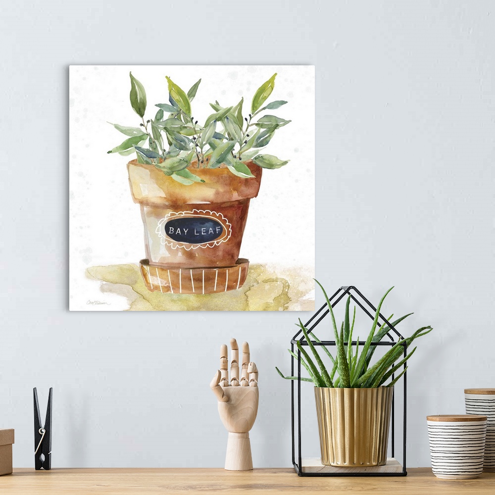 A bohemian room featuring Square watercolor painting of a potted bay leaf plant.