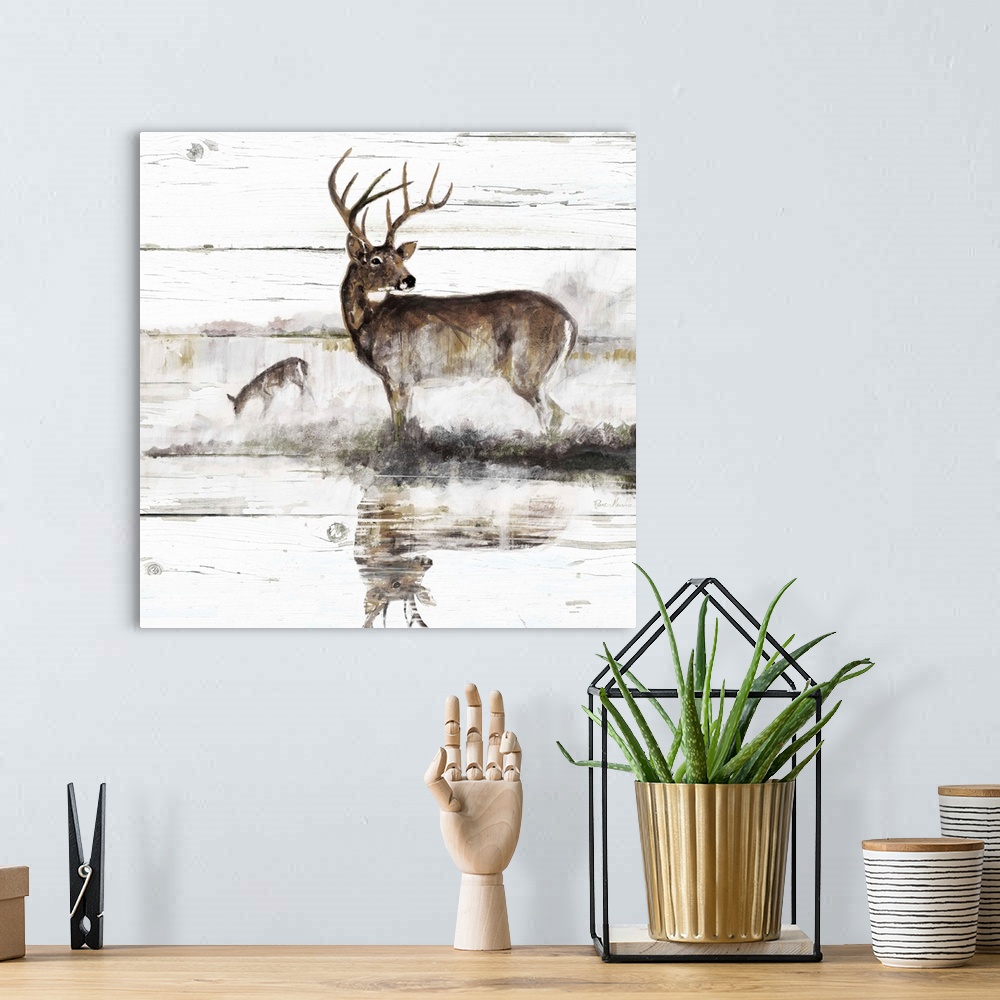 A bohemian room featuring Square painting of a deer and a doe on a white distressed shiplap background.