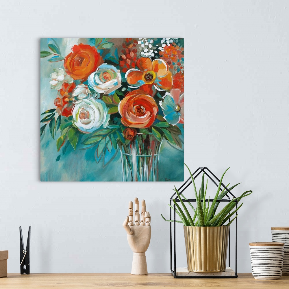 A bohemian room featuring Contemporary painting of red flowers in a glass vase.