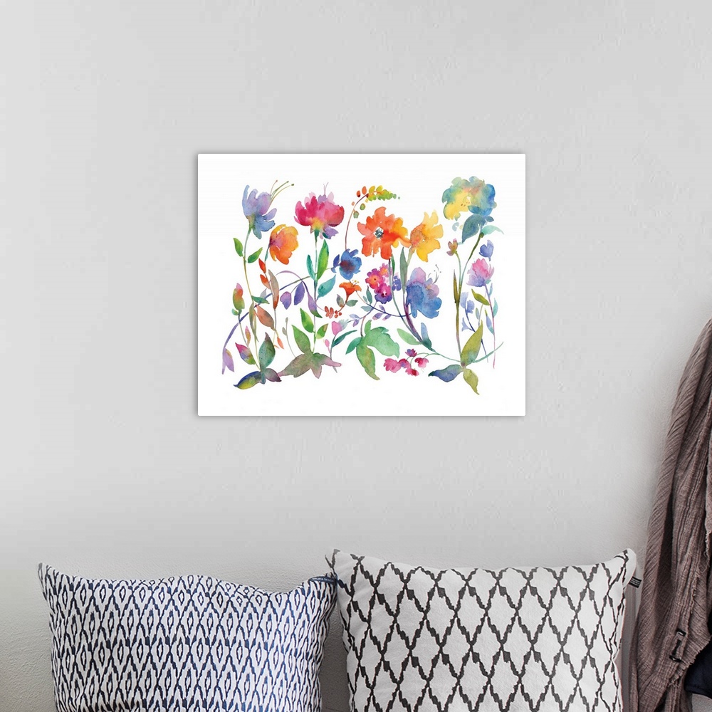 A bohemian room featuring Large watercolor painting with colorful abstract flowers on a solid white background.