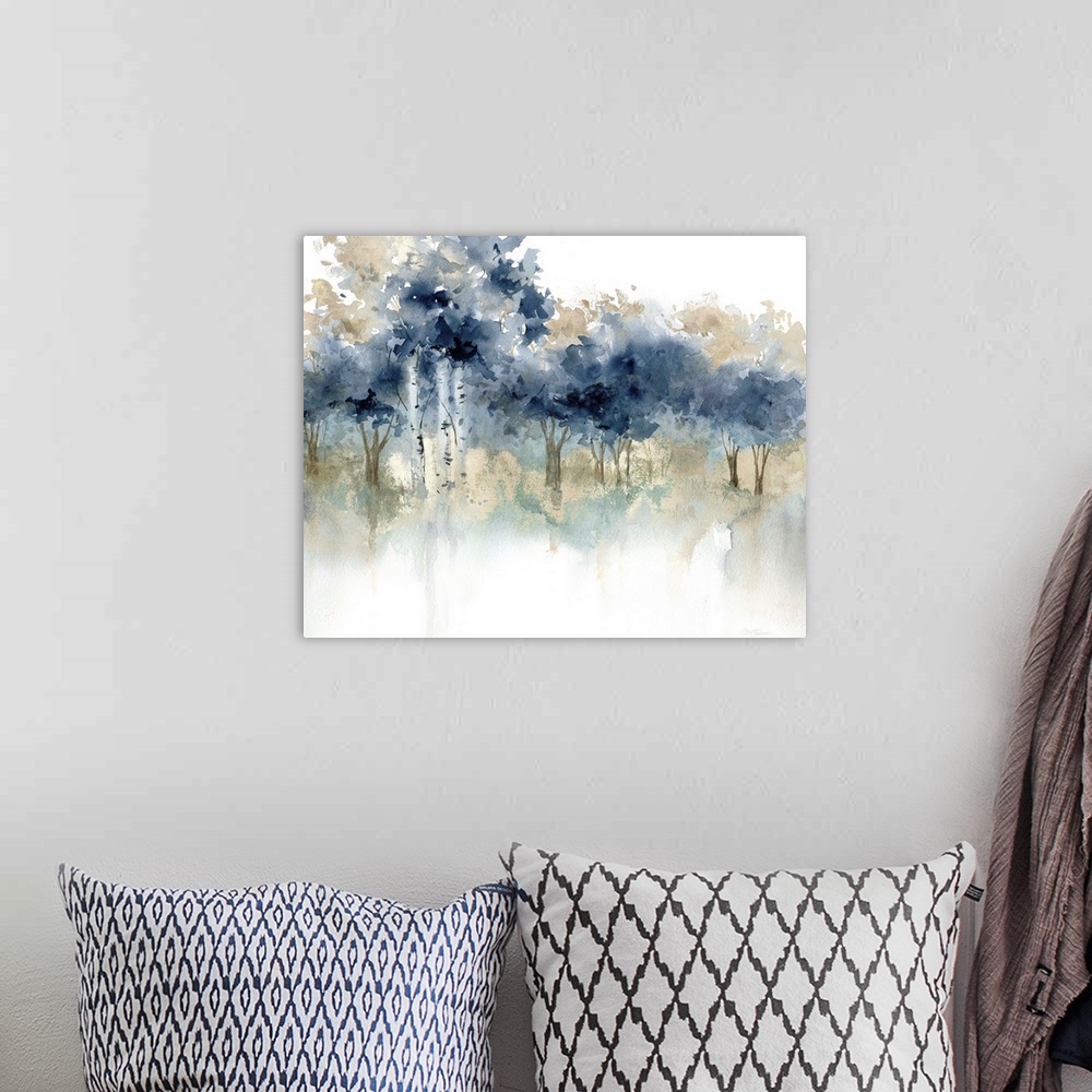 A bohemian room featuring Abstract watercolor painting of a forest filled with indigo topped trees.