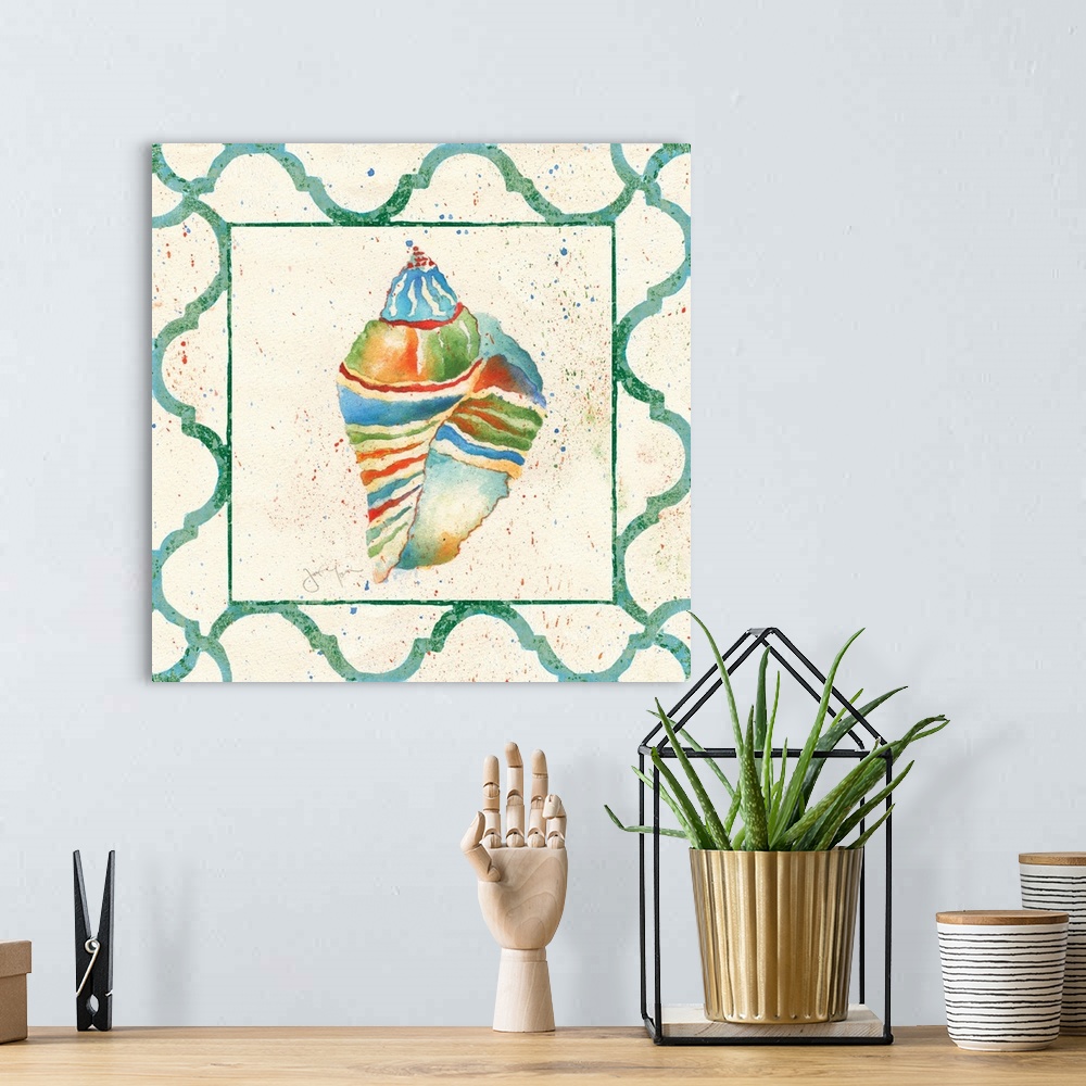 A bohemian room featuring A conch shell with rainbow stripes and a green border.