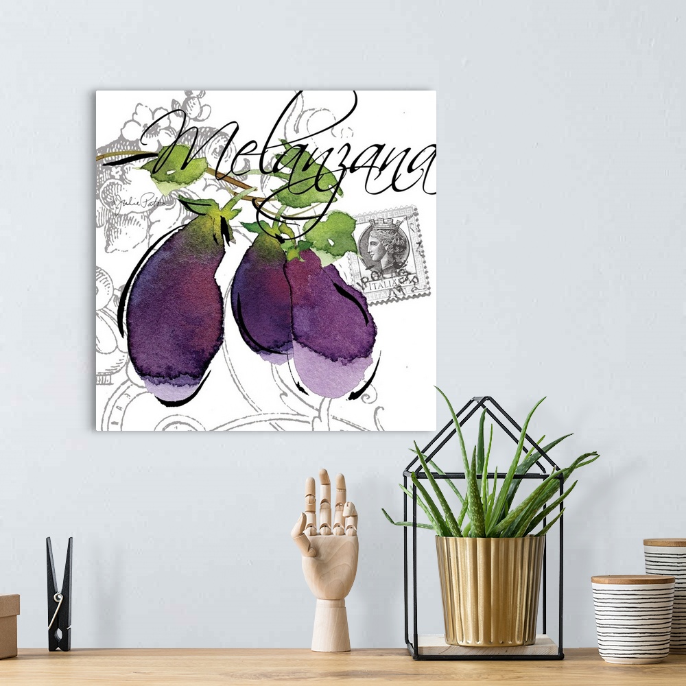 A bohemian room featuring Square Italian kitchen decor with a painting of eggplants on a white and gray designed background...