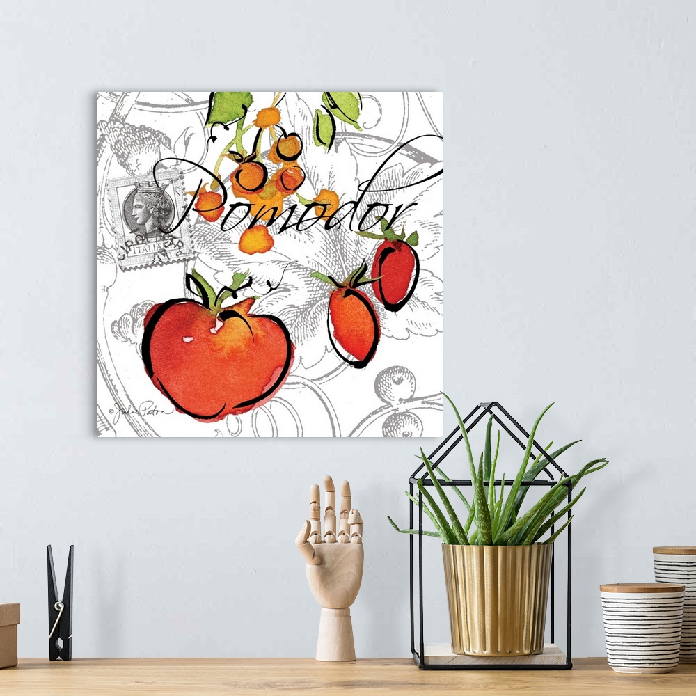 A bohemian room featuring Square Italian kitchen decor with a painting of tomatoes on a white and gray designed background ...