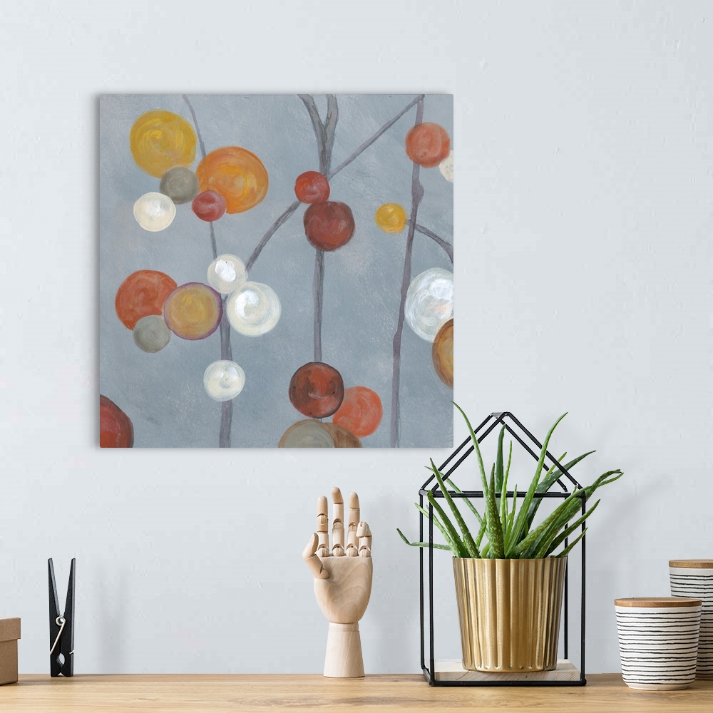 A bohemian room featuring Square abstract painting with a slate blue background and circles in orange, white, gray, yellow,...