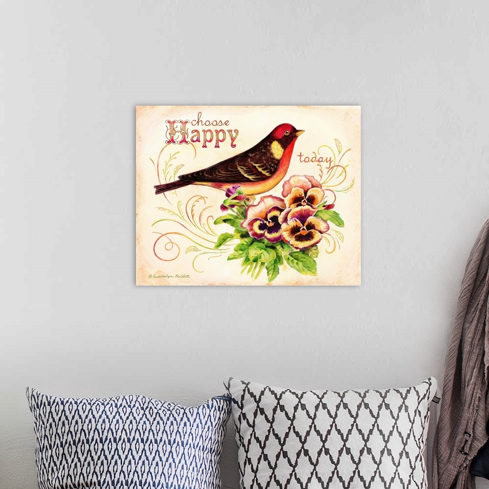 A bohemian room featuring "Choose Happy Today" handwritten above a painting of a bird next to pansies.