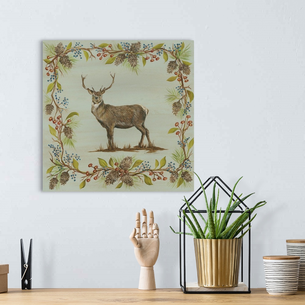 A bohemian room featuring Square decorative painting of a buck on a blue-green background with a leafy frame with berries a...
