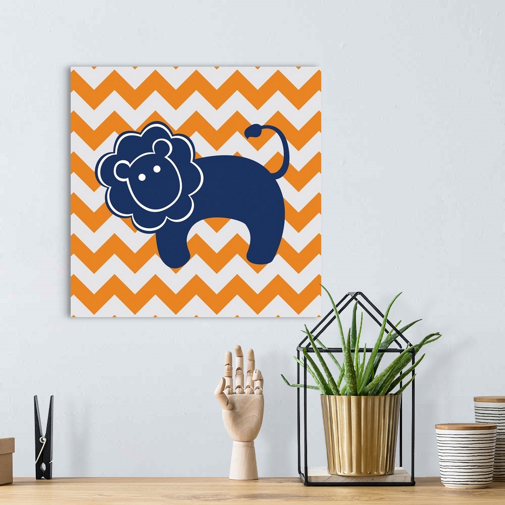A bohemian room featuring Whimsical square art with an illustration of a blue lion on an orange and gray zig-zag background.