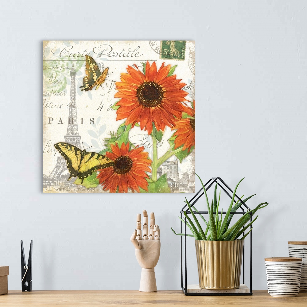 A bohemian room featuring Square decor with watercolor painted orange sunflowers and yellow butterflies on a white backgrou...