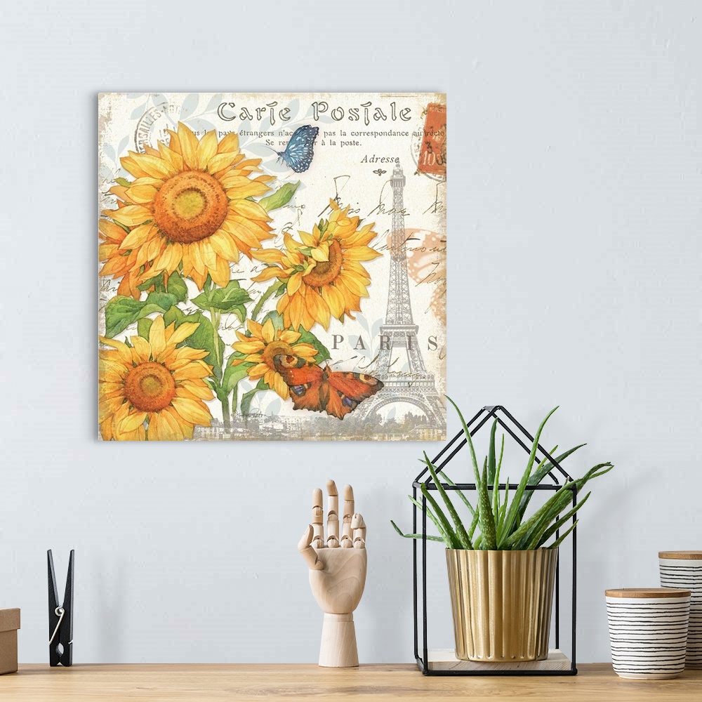 A bohemian room featuring Square decor with watercolor painted sunflowers and two butterflies on a white background with an...