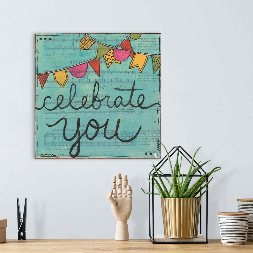 A bohemian room featuring "Celebrate You" created with mixed media.