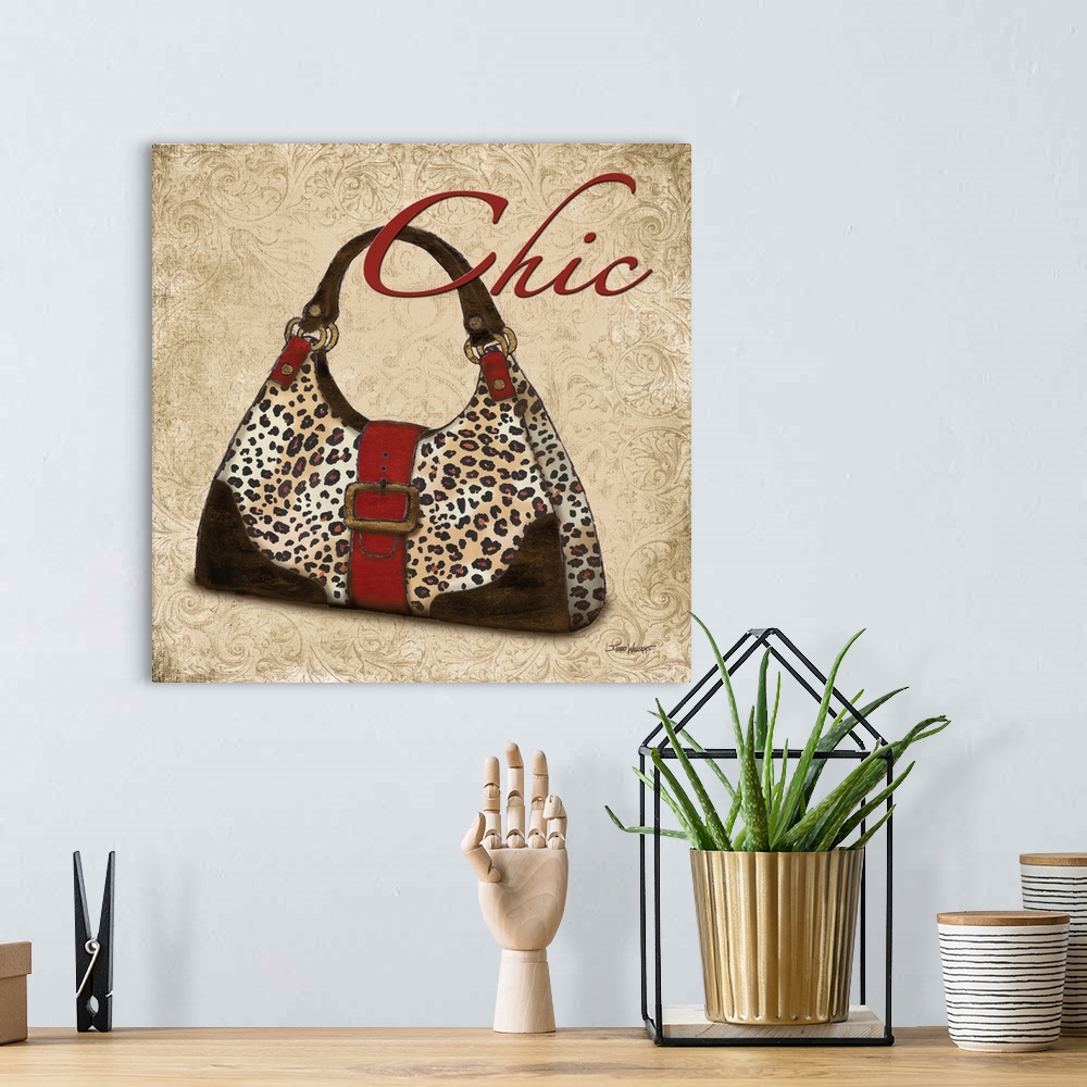 A bohemian room featuring Square decor with an illustration of a cheetah print purse and "Chic" written on top in red.