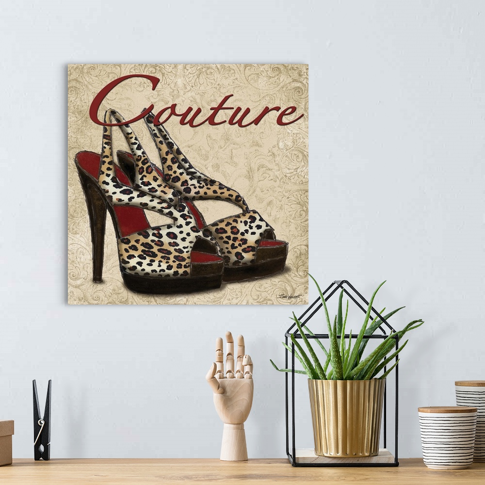 A bohemian room featuring Square decor with an illustration of cheetah print heels and "Couture" written on top in red.