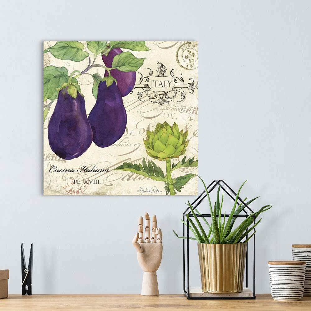 A bohemian room featuring Italian kitchen decor with illustrations of eggplants and artichokes on a vintage background with...