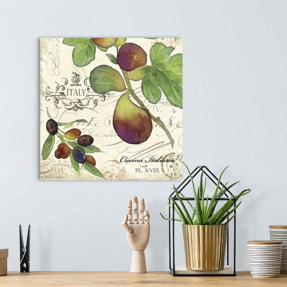 A bohemian room featuring Italian kitchen decor with illustrations of figs and olives on a vintage background with black wr...