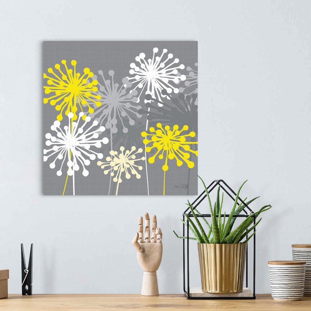 A bohemian room featuring Square abstract illustration of yellow, white, and gray dandelions on a gray background.